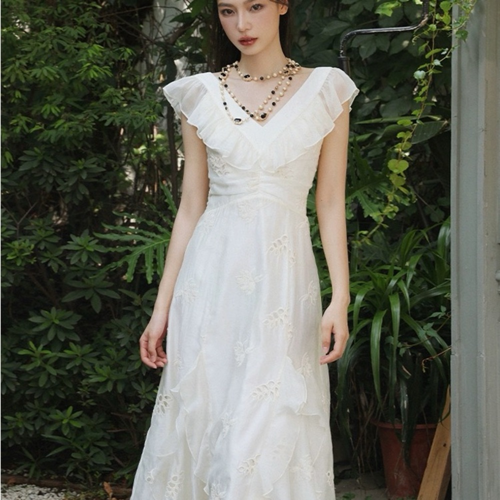 White Ruffled A-line Maxi Dress with Flutter Sleeves